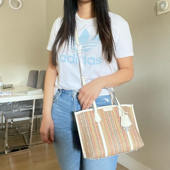 New✨tory burch perry raffia stripe triple compartment small tote - Picture 14 of 15